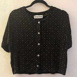 Vintage Ronni Nicole black cropped cardigan with pink/white polka dots